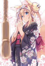 Rule 34 | 1girl, absurdres, animal ear fluff, animal ears, black kimono, blonde hair, blue eyes, blurry, blurry foreground, breath, closed mouth, commentary request, depth of field, double bun, floral print, fox ears, fox girl, fox tail, hair between eyes, hair bun, has bad revision, has downscaled revision, highres, japanese clothes, kimono, long hair, long sleeves, md5 mismatch, nozomi tsubame, obi, original, own hands together, palms together, print kimono, resolution mismatch, sash, smile, solo, source smaller, suzuha (nozomi tsubame), tail, wide sleeves