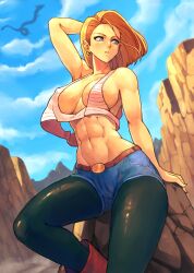 Rule 34 | 1girl, abs, absurdres, android 18, arm behind head, arm support, arm up, armpits, babusgames, bare arms, bare shoulders, belt, black pantyhose, blonde hair, blue eyes, blue shorts, blue skirt, blue sky, boots, breasts, brown belt, center opening, cloud, covered erect nipples, crop top, day, denim, denim shorts, dragon, dragon ball, dragonball z, earrings, eastern dragon, floating hair, halterneck, highres, jewelry, large breasts, midriff, navel, no bra, outdoors, pantyhose, parted lips, red footwear, revealing clothes, rock, shenron (dragon ball), shorts, sitting, skirt, sky, solo, solo focus, tank top, toned