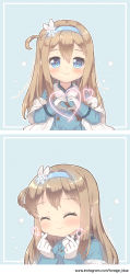 Rule 34 | 1girl, ^ ^, bad id, bad pixiv id, blue eyes, blue hairband, blue jacket, blush, closed eyes, closed mouth, commentary request, foreign blue, fur trim, girls&#039; frontline, gloves, hair between eyes, hair ornament, hairband, heart, heart hands, highres, jacket, light brown hair, long hair, long sleeves, looking at viewer, one side up, sidelocks, smile, snowflake hair ornament, suomi (girls&#039; frontline), upper body, watermark, web address, white gloves