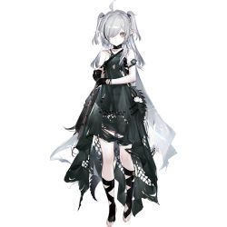 Rule 34 | 1girl, ahoge, arknights, artist request, crocodilian tail, game cg, gloves, grey hair, long hair, official art, partially fingerless gloves, pointy ears, solo, stirrup legwear, tail, toeless legwear, tomimi (arknights), torn clothes, transparent background, two side up, weapon, yellow eyes