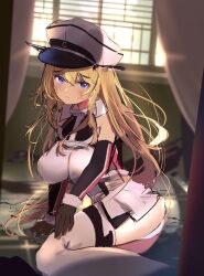 Rule 34 | 1girl, anchor hair ornament, ass, bismarck (kancolle), blonde hair, blue eyes, cross, curtains, detached sleeves, dress, grey dress, grey thighhighs, hair ornament, hat, highres, indoors, iron cross, kantai collection, military, military hat, military uniform, o-sirius, panties, peaked cap, sitting, solo, thighhighs, underwear, uniform, window