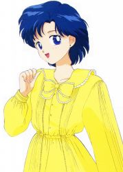 Rule 34 | 1990s (style), 1girl, bishoujo senshi sailor moon, blue eyes, blue hair, bow, dress, earrings, female focus, jewelry, long sleeves, mizuno ami, official art, open mouth, retro artstyle, short hair, simple background, smile, solo, stud earrings, white background, yellow dress