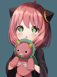 Rule 34 | + +, 1girl, :&lt;, ahoge, anya (spy x family), black dress, blue background, blush, bun cover, child, commentary, director chimera (spy x family), double bun, dress, green eyes, hair bun, highres, holding, holding stuffed toy, medium hair, open mouth, parted lips, pink hair, raised eyebrows, senagawa roro, solo, sparkle, sparkling eyes, spy x family, stuffed animal, stuffed toy, upper body