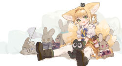 Rule 34 | 1girl, alternate costume, arknights, black cat, black footwear, blonde hair, blue ribbon, blush, braid, braided hair rings, cat, character doll, character request, check character, chinese commentary, commentary request, crossover, dated commentary, dress, full body, green eyes, hair rings, hairband, highres, looking at viewer, luo xiaohei, luo xiaohei zhanji, myrtle (arknights), neck ribbon, open mouth, orange dress, orange hairband, pantyhose, popukar (arknights), puffy short sleeves, puffy sleeves, ribbon, shamare (arknights), shaw (arknights), shio (shiofeifei), short sleeves, sitting, stuffed animal, stuffed rabbit, stuffed toy, suzuran (arknights), suzuran (let&#039;s carnival!) (arknights), twin braids, white pantyhose