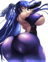 Rule 34 | 1girl, absurdres, akiyama rinko, ass, ass focus, blue hair, bodysuit, breasts, cameltoe, cleavage cutout, clothing cutout, curvy, haganef, high ponytail, highres, holding, holding sword, holding weapon, huge ass, huge breasts, katana, long hair, looking at viewer, looking to the side, shiny clothes, shiny skin, skin tight, smile, solo, sword, taimanin (series), taimanin suit, taimanin yukikaze, underboob, very long hair, weapon, white background
