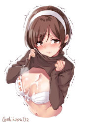 Rule 34 | 1girl, blush, bow, bow bra, bra, breasts, brown eyes, brown hair, brown shirt, cleavage, clothes lift, contemporary, cropped torso, cum, cum on body, cum on breasts, cum on upper body, ebifurya, embarrassed, from above, hairband, highres, kantai collection, large breasts, lifted by self, lips, looking at viewer, natori (kancolle), navel, nose blush, pink lips, shiny skin, shirt, shirt lift, short hair, simple background, solo, stomach, tears, trembling, turtleneck, underwear, upper body, white background, white bra