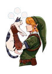 Rule 34 | 1boy, animal, belt, blank speech bubble, blonde hair, blue eyes, brown belt, cat, closed mouth, commentary, earrings, english commentary, fingerless gloves, gloves, green headwear, highres, holding, holding animal, jewelry, link, male focus, mochiwei, nintendo, pointy ears, simple background, speech bubble, the legend of zelda, white background