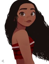 Rule 34 | 1girl, arms at sides, bare arms, bare shoulders, black hair, brown eyes, closed mouth, crop top, curly hair, dark-skinned female, dark skin, eyelashes, flat color, floating hair, happy, light blush, light smile, long hair, looking at viewer, looking to the side, midriff peek, moana (movie), moana waialiki, pano (mohayayamai), signature, simple background, solo, thick eyebrows, thick lips, white background