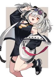 Rule 34 | 1girl, absurdres, arknights, breasts, china dress, chinese clothes, cleavage cutout, clothing cutout, dress, evolvingmonkey, eyewear on head, fang, feater (arknights), grey hair, hair over one eye, hand in pocket, highres, jacket, large breasts, orange eyes, sunglasses, twintails, v