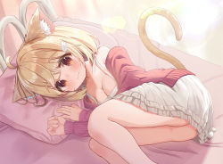 Rule 34 | 1girl, :3, ahoge, animal ear fluff, animal ears, ass, bare shoulders, blonde hair, blurry, blurry background, blush, breasts, cat ears, cat girl, cat tail, cleavage, closed mouth, commentary request, depth of field, dress, frilled dress, frills, hands up, jacket, long sleeves, looking at viewer, lying, medium breasts, mimikaki (men bow), off shoulder, on bed, on side, open clothes, open jacket, original, pillow, red eyes, red jacket, sleeveless, sleeveless dress, sleeves past wrists, solo, tail, thick eyebrows, white dress, wing hair ornament