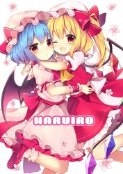 Rule 34 | 2girls, ;d, absurdres, arm ribbon, ascot, bat wings, blonde hair, blue hair, blush, bobby socks, bow, commentary request, crystal, dress, fang, feet out of frame, flandre scarlet, flower, hair between eyes, hat, hat bow, hat ribbon, highres, hug, leg up, long hair, looking at viewer, mob cap, multiple girls, one eye closed, one side up, open mouth, petticoat, pink dress, pink flower, pink headwear, pink legwear, puffy short sleeves, puffy sleeves, red ascot, red bow, red eyes, red footwear, red ribbon, red skirt, red vest, remilia scarlet, ribbon, ruhika, shirt, shoes, short hair, short sleeves, siblings, simple background, sisters, skirt, smile, socks, touhou, vest, white background, white headwear, white shirt, wings, wrist cuffs, yellow ascot