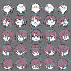 Rule 34 | 1girl, 25 perspective box exercise, blush, commentary, cube, girls band cry, grey background, highres, iseri nina, looking at viewer, multiple views, open mouth, portrait, red hair, short twintails, simple background, sose kuwagata, twintails, v-shaped eyebrows