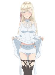 Rule 34 | 1girl, breasts, closed mouth, clothes lift, commentary request, dress, embarrassed, final fantasy, final fantasy xiv, highres, hyakuen raitaa, lifted by self, long hair, looking to the side, presenting, ryne waters, shorts, simple background, solo, white background
