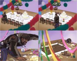 Rule 34 | 1boy, all fours, artist name, bandolier, beard, belt, blue pants, boots, brown hair, cake, candle, chair, christmas cake, christmas ornaments, christmas stocking, christmas tree, commentary, confetti, crying, dark-skinned male, dark skin, derivative work, emblem, closed eyes, facial hair, food, fork, glasses, hat, indoors, jacket, knee boots, kyojin no hoshi, logo, lonely, long sleeves, male focus, mustache, on floor, open mouth, overwatch, overwatch 1, pants, parody, party hat, pastry, pine tree, plate, reaper (overwatch), room, sad, santa boots, shotgun shell, sitting, solo, spoon, streamers, table, tablecloth, tears, tree