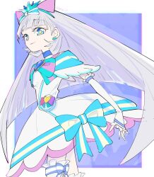 Rule 34 | 1girl, blue bow, blue choker, blue eyes, blue hairband, border, bow, brooch, charink0sanar1, choker, commentary, crown, crown earrings, cure nyammy, dress, dress bow, earrings, from side, hairband, hime cut, jewelry, long hair, looking afar, magical girl, mini crown, multicolored bow, nekoyashiki yuki, outside border, pink bow, precure, purple background, signature, solo, standing, striped bow, thighhighs, white arm warmers, white border, white dress, white hair, white thighhighs, wonderful precure!