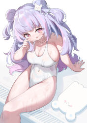 Rule 34 | 1girl, absurdres, arm support, arukiru, bare legs, blush, breasts, cleavage, collarbone, commission, competition swimsuit, covered navel, double bun, fang, hair bun, hair ornament, highres, hoshifuru ameru, indie virtual youtuber, kickboard, large breasts, long hair, looking at viewer, multicolored hair, one-piece swimsuit, pink hair, poolside, purple eyes, school swimsuit, sidelocks, sitting, skeb commission, smile, solo, streaked hair, swimsuit, twirling hair, two-tone hair, variant set, virtual youtuber, wet, white background, white one-piece swimsuit