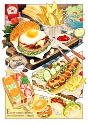 Rule 34 | bagel, bread, burger, cheese, cucumber, fast food, fish (food), food, food focus, food name, french fries, fried egg, fruit, fruit sandwich, highres, hot dog, hot dog bun, ketchup, ketchup bottle, lime (fruit), lime slice, mustard, orange (fruit), orange slice, original, salad, salmon, sandwich, scenery, somemachi, speech bubble, strawberry, strawberry slice, tray, vegetable