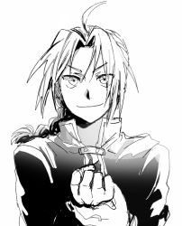 Rule 34 | 1boy, ahoge, black jacket, braid, clenched hand, edward elric, eyes visible through hair, floating hair, fullmetal alchemist, gloves, greyscale, happy, jacket, looking at viewer, male focus, monochrome, simple background, single braid, smile, tsukuda0310, v-shaped eyebrows, white background, white gloves