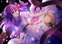 Rule 34 | 1girl, :d, black ribbon, dress, fate/stay night, fate (series), floating hair, grey dress, hair ribbon, long hair, matou sakura, official alternate costume, open mouth, outstretched arms, pink ribbon, purple eyes, purple hair, rei no himo, ribbon, sheep, shika (isk mjkss), short sleeves, skirt hold, smile, solo, sundress