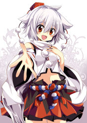 Rule 34 | 1girl, animal ears, detached sleeves, hat, hat ribbon, highres, inubashiri momiji, long sleeves, looking at viewer, maturiuta sorato, midriff, navel, open mouth, orange eyes, outstretched arm, outstretched hand, ribbon, shirt, short hair, silver hair, skirt, smile, solo, tail, tokin hat, touhou, wide sleeves, wolf ears, wolf tail