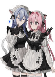 Rule 34 | 2girls, alternate costume, animal ear fluff, animal ears, apron, black dress, blue eyes, brown thighhighs, cat ears, cat girl, cat tail, chihuri, closed mouth, collared shirt, commentary request, dress, dress shirt, ende (chihuri), enmaided, frilled apron, frills, grey hair, hair between eyes, hair intakes, hand in another&#039;s hair, heart, highres, juliet sleeves, long hair, long sleeves, maid, maid headdress, multiple girls, nea (chihuri), original, pink hair, puffy sleeves, purple eyes, shirt, simple background, sleeveless, sleeveless dress, smile, tail, thighhighs, very long hair, waist apron, white apron, white background, white shirt, white thighhighs, yuri