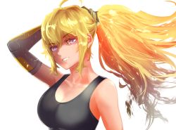 Rule 34 | 1girl, ahoge, amputee, black shirt, blonde hair, blue eyes, breasts, cleavage, collar, floating hair, grin, hair between eyes, hand in own hair, hayadai, highres, large breasts, long hair, looking at viewer, ponytail, rwby, shirt, simple background, sleeveless, sleeveless shirt, smile, solo, upper body, very long hair, white background, yang xiao long