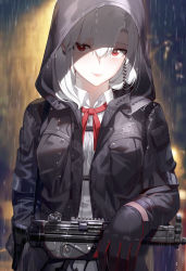 Rule 34 | 1girl, absurdres, black gloves, black jacket, blouse, collared shirt, commentary, earrings, english commentary, gloves, gun, h&amp;k mp5, hair between eyes, highres, holding, holding gun, holding weapon, hood, hooded jacket, jacket, jewelry, kfr, long hair, looking at viewer, original, photoshop (medium), red eyes, red gloves, red neckwear, red ribbon, ribbon, shirt, submachine gun, two-tone gloves, weapon, white hair, white shirt