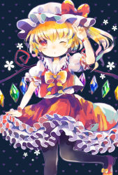 Rule 34 | 1girl, bad id, bad pixiv id, black background, black pantyhose, blonde hair, bracelet, flandre scarlet, flower, frilled skirt, frills, hand to head, hat, hat ribbon, heart, heart background, hiyuu (hiyualice), jewelry, looking at viewer, mob cap, one eye closed, outline, pantyhose, patterned background, petticoat, puffy short sleeves, puffy sleeves, red eyes, ribbon, short hair, short sleeves, side ponytail, skirt, skirt set, solo, standing, standing on one leg, touhou, v, wings