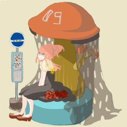 Rule 34 | blue eyes, bus stop, dress, flower, long hair, mushroom, original, pink hair, smile, solo, takagi (tansuke), tansuke