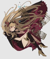 Rule 34 | 1girl, absurdres, blonde hair, cage, cape, earrings, ereshkigal (fate), fate/grand order, fate (series), fur-trimmed cape, fur trim, grey background, high heels, highres, jewelry, konikoni1002, long hair, red eyes, single thighhigh, thighhighs, tiara