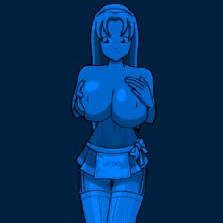 Rule 34 | 1girl, animated, animated gif, blinking, blue theme, grabbing another&#039;s breast, breast hold, breasts, covered erect nipples, grabbing, groping, large breasts, lowres, navel, nipples, grabbing own breast, skirt, smile, solo, topless, ucogi, wide hips