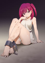 Rule 34 | 1girl, bad id, bad pixiv id, barefoot, breasts, cuffs, dirty, dirty feet, feet, knees up, legs, looking at viewer, magi the labyrinth of magic, mattaku mousuke, morgiana, red eyes, red hair, shackles, short hair, side ponytail, sitting, small breasts, solo, spread toes, sweat, toes