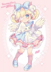 Rule 34 | 1girl, animal, apron, aruya (flosrota), bag, bell, blonde hair, blue apron, blue bow, blue eyes, blue footwear, blush, bow, cat, closed mouth, collared dress, commission, cutesu (cutesuu), double bun, dress, eyepatch, feathered wings, frilled dress, frills, full body, hair bell, hair bow, hair bun, hair ornament, jingle bell, juliet sleeves, kneehighs, loafers, long sleeves, medical eyepatch, mini wings, original, pink dress, pink socks, puffy sleeves, ribbon-trimmed dress, shoes, shoulder bag, skeb commission, sleeves past fingers, sleeves past wrists, smile, socks, solo, sparkle, striped, striped background, vertical stripes, white cat, white wings, wide sleeves, wings