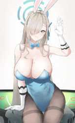 Rule 34 | 1girl, absurdres, animal ears, asuna (blue archive), asuna (bunny) (blue archive), blue archive, blue bow, blue bowtie, blue eyes, bow, bowtie, breasts, cleavage, detached collar, fake animal ears, gloves, hair over one eye, hair ribbon, highres, large breasts, leotard, light brown hair, long hair, looking at viewer, mole, mole on breast, negi seijin, official alternate costume, pantyhose, playboy bunny, rabbit ears, ribbon, solo, traditional bowtie