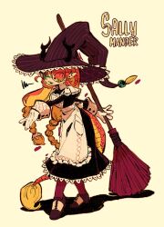 Rule 34 | 1girl, absurdres, ankle socks, antlers, apron, black-framed eyewear, black dress, braid, broom, brown hat, brown socks, character name, colored eyelashes, colored sclera, commentary, crownedsaeraph, dragon girl, dragon tail, dress, english commentary, eyes visible through hair, fangs, frilled apron, frills, full body, fur-tipped tail, glasses, gloves, hands up, hat, highres, holding, holding broom, horns, juliet sleeves, lace, lace-trimmed dress, lace-trimmed headwear, lace sleeves, lace trim, long hair, long sleeves, looking at viewer, low twin braids, maid, nameplay, open mouth, orange eyes, orange hair, original, pointy ears, puffy sleeves, pun, red hair, red scales, red sclera, round eyewear, saddle shoes, scales, shadow, shoes, simple background, slit pupils, socks, solo, standing, striped clothes, striped headwear, tail, twin braids, very long hair, witch hat, yellow background