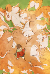 Rule 34 | 1girl, animal, bare legs, brown eyes, brown hair, brown skirt, coat, commentary request, dog, from above, grass, green scarf, highres, long hair, open mouth, original, outdoors, oversized animal, pleated skirt, ponytail, red coat, scarf, shiba inu, shiki haru, size difference, skirt, solo, wide shot, winter clothes