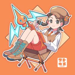 Rule 34 | 1girl, alternate costume, boots, braid, brown eyes, brown footwear, brown hair, brown hat, brown vest, character hat ornament, closed mouth, collared shirt, commentary request, creatures (company), game freak, gen 4 pokemon, hat, highres, holding, holding stylus, juliana (pokemon), long sleeves, looking at viewer, nintendo, orange shorts, outline, pokemon, pokemon (creature), pokemon sv, rotom, rotom (normal), shirt, shorts, sitting, smile, stylus, sutokame, tablet pc, vest, white shirt