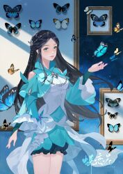 Rule 34 | 1girl, absurdres, black bloomers, black hair, blue dress, braid, bug, butterfly, closed mouth, clothing cutout, collared dress, douluo dalu, dress, green eyes, highres, indoors, insect, long hair, long sleeves, mian chi bu chi, ning rongrong (douluo dalu), portrait, second-party source, shoulder cutout, solo, tiara, upper body