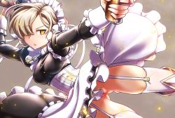 Rule 34 | 1girl, action, apron, arm up, azur lane, black dress, blonde hair, boots, braid, breasts, bustier, chain, cinders, collar, commentary request, corset, cross, dive, dress, female pubic hair, finger on trigger, french braid, frilled dress, frills, garter straps, grey background, gun, hair over one eye, hair ribbon, highres, holding, holding gun, holding weapon, inverted cross, juliet sleeves, jumping, knee boots, kobamiso (kobalt), long sleeves, looking to the side, maid, maid apron, maid headdress, medium breasts, armored boots, metal collar, no panties, outstretched arm, parted lips, poleyn, pubic hair, puffy sleeves, pussy, ribbon, sheffield (azur lane), smoke, solo, thighhighs, thighs, tsurime, weapon, white ribbon, white thighhighs, wrist cuffs, yellow eyes