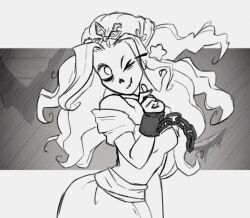 Rule 34 | 1girl, ;), bare shoulders, chain, chain around arm, closed mouth, commentary, crown, dress, english commentary, floating hair, ghost, ghost girl, greyscale, long hair, looking at viewer, monochrome, off-shoulder dress, off shoulder, one eye closed, princess, princess (slay the princess), simple background, slay the princess, smile, solo, the spectre (slay the princess), tiara, upper body, wwwjam