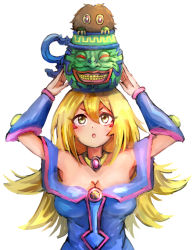 Rule 34 | 1girl, balancing on head, blonde hair, bracer, breasts, cleavage, dark magician girl, duel monster, facial mark, hair between eyes, hands up, hatano kiyoshi, jewelry, kuriboh, long hair, no headwear, no headwear, pot of greed, simple background, upper body, white background, yellow eyes, yu-gi-oh!