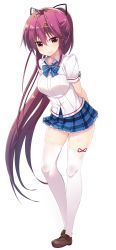 Rule 34 | 1girl, arms behind back, full body, greatmosu, hair ornament, hairclip, highres, loafers, long hair, looking at viewer, natsuiro koi uta, official art, plaid, plaid skirt, pleated skirt, ponytail, purple hair, red eyes, shoes, short sleeves, skirt, smile, solo, takanashi hikaru, thighhighs, transparent background, very long hair, white thighhighs
