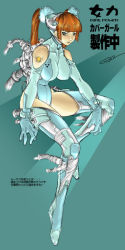 Rule 34 | 1girl, android, aqua background, aqua thighhighs, bare shoulders, blue eyes, blunt bangs, bodysuit, boots, breasts, brown hair, cable, covered navel, elbow gloves, from side, full body, gloves, hair ornament, halterneck, headgear, impossible clothes, impossible leotard, large breasts, leotard, long hair, looking at viewer, mecha, parted lips, robot, science fiction, signature, sitting, solo, tattoo, thighhighs, turtleneck, twintails