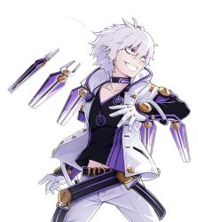 Rule 34 | 1boy, absurdres, add (elsword), belt, choker, cowboy shot, elsword, gloves, glowing, glowing eye, grin, highres, hwansang, jacket, looking to the side, male focus, messy hair, official art, pants, purple eyes, shirt, smile, solo, teeth, tracer (elsword), transparent background, white gloves, white hair, white jacket, white pants