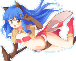 Rule 34 | 1girl, animal ears, bikini, bikini top only, blue hair, blush, boots, brown capelet, brown gloves, capelet, cat ears, commentary request, elbow gloves, emurin, flat chest, full body, gloves, heterochromia, holding, holding staff, long hair, looking at viewer, mage (ragnarok online), midriff, navel, open mouth, outline, pelvic curtain, purple eyes, ragnarok online, red bikini, red footwear, red skirt, showgirl skirt, simple background, skirt, smile, solo, staff, swimsuit, v, white background, white outline, yellow eyes