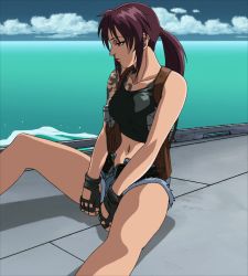 Rule 34 | 1girl, bare shoulders, black lagoon, breasts, cloud, female focus, fingerless gloves, gloves, highres, long hair, looking to the side, navel, ocean, outdoors, ponytail, revy (black lagoon), screencap, short shorts, shorts, shoulder tattoo, sitting, sky, solo, stitched, tattoo, third-party edit, water