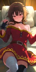 Rule 34 | 1girl, absurdres, asymmetrical legwear, bandaged leg, bandages, bare shoulders, bed, belt, black thighhighs, blush, breasts, brown belt, brown hair, choker, closed mouth, commentary, cowboy shot, dress, fingerless gloves, gloves, head on pillow, head tilt, highres, indoors, kono subarashii sekai ni bakuen wo!, kono subarashii sekai ni shukufuku wo!, long sleeves, looking at viewer, lying, megumin, mismatched legwear, namake (nmk44300), no headwear, off-shoulder dress, off shoulder, on back, on bed, pillow, red dress, red eyes, short hair with long locks, sidelighting, single thighhigh, small breasts, smile, solo, thighhighs, tsurime, w arms, wide sleeves, zettai ryouiki