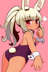 Rule 34 | 1girl, :q, animal ear fluff, animal ears, ass, bare shoulders, belt collar, blush, closed mouth, collar, dark-skinned female, dark skin, etrian odyssey, fake animal ears, hair between eyes, hand up, heart, heart-shaped pupils, high ponytail, highres, leotard, long hair, looking at viewer, looking back, masurao (sekaiju), naga u, pink background, playboy bunny, ponytail, purple leotard, rabbit ears, rabbit girl, rabbit tail, red collar, red eyes, sekaiju no meikyuu, sekaiju no meikyuu 5, sidelocks, simple background, smile, solo, strapless, strapless leotard, symbol-shaped pupils, tail, tongue, tongue out, white hair, wrist cuffs