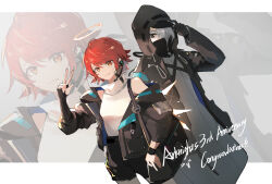 Rule 34 | 1girl, 1other, ambiguous gender, anniversary, arknights, bag, black coat, black jacket, closed mouth, coat, detached wings, doctor (arknights), energy wings, exusiai (arknights), exusiai (midnight delivery) (arknights), halo, highres, hood, hood up, hooded coat, jacket, long sleeves, looking at viewer, official alternate costume, open clothes, open jacket, red eyes, red hair, shirt, short hair, shoulder bag, sleeveless, sleeveless shirt, tianye toshi, v, white shirt, wings