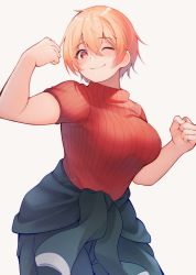Rule 34 | 1girl, ;), blonde hair, blue period, breasts, chikuwa savy, clenched hand, clothes around waist, cowboy shot, flexing, highres, jacket, jacket around waist, large breasts, looking at viewer, miki kinemi, one eye closed, red eyes, red sweater, short hair, short sleeves, smile, solo, sweater, turtleneck, turtleneck sweater